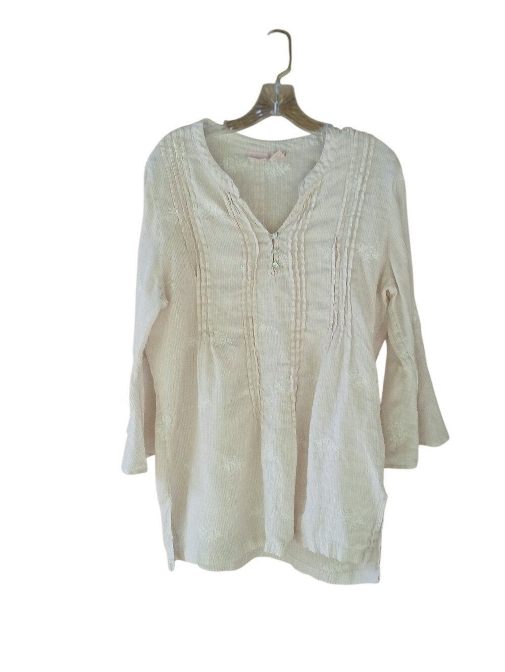St. Tropez West Beige Striped Split Neck Bell Sleeved Linen Blouse Large